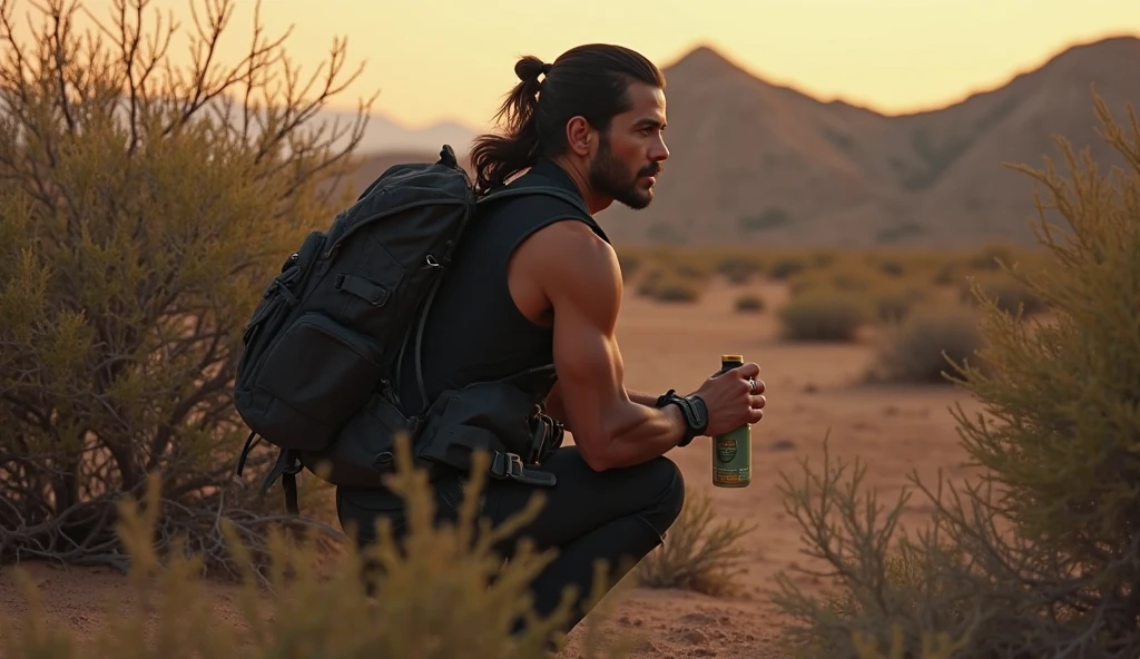 Tired dunkey in a desert carrying gallons beside a stranded man