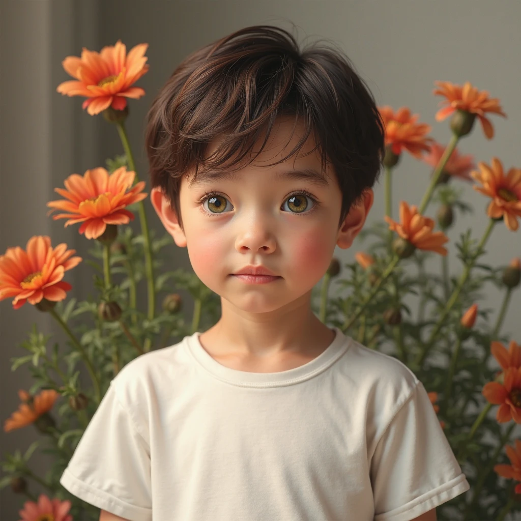 a little boy, rosy chubby cheeks, only 4 teeth in his jaw, smiling brightly, wearing white shirt and blue pant, sitting on a field,