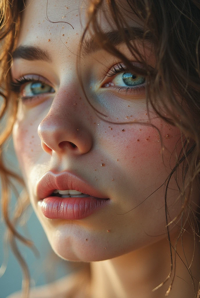 on the  bed, Liying on your back, kissing lips, Facial Focus, skin wet, redhead, Blonde hair, freckles, long and straight hair, European youth, perfectbody, (face detailed:1.2), (detailedeyes:1.2), fashion photorealism, fot, sharpness, unique 850 4, Koda850 k portrait camera, F1.6 lenses, rich colour, hyper-realistic texture, spectacular light texture, SurrealArt, Cinestil 800 Fashion Mechanism,