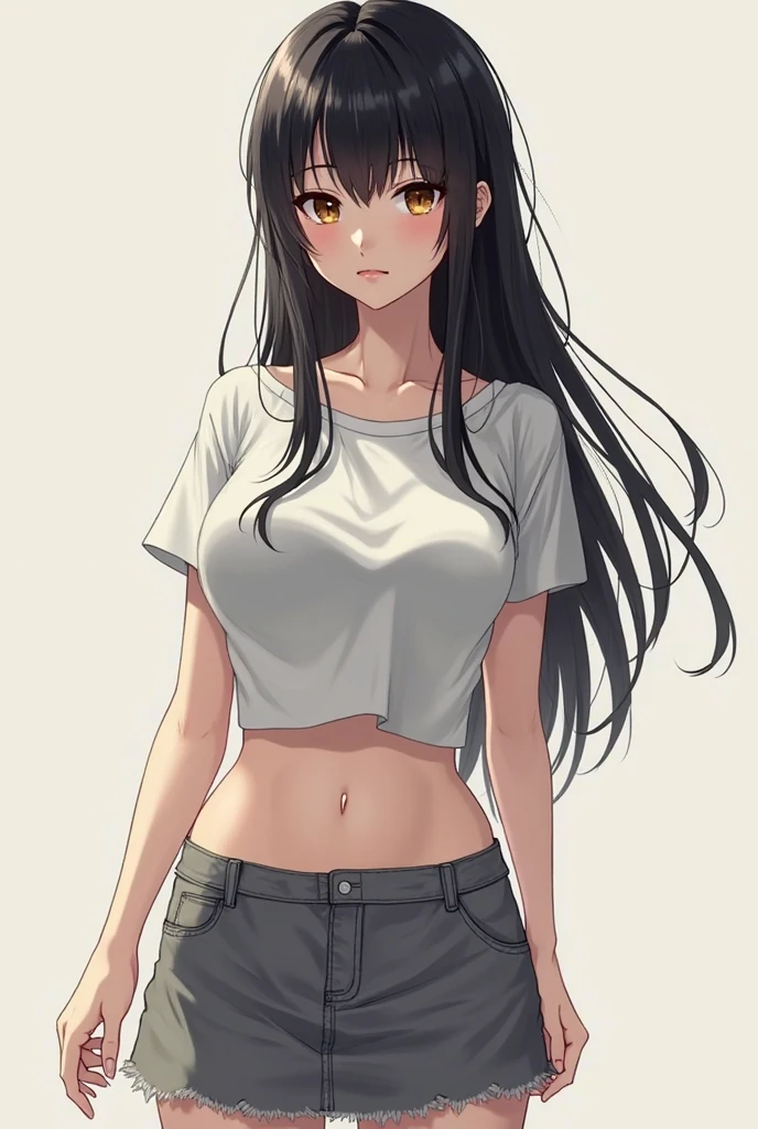 (masterpiece), 1girl, solo, best quality, expressive eyes, perfect face, retro artstyle, (pale skin), very long hair, (forehead), messy hair, black hair, large breasts, slim body, young woman BREAK white tank top BREAK black shorts BREAK closed mouth, light smile, lineart, greyscale, monochrome, (white skin), looking at viewer, yellow eyes, grass, outdoors, landscape