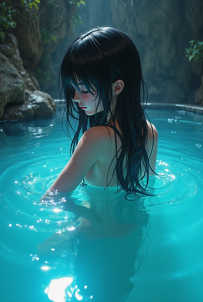 Swimming topless、beautiful girl、Big Breasts、Long Hair、Japanese、Background night school swimming pool