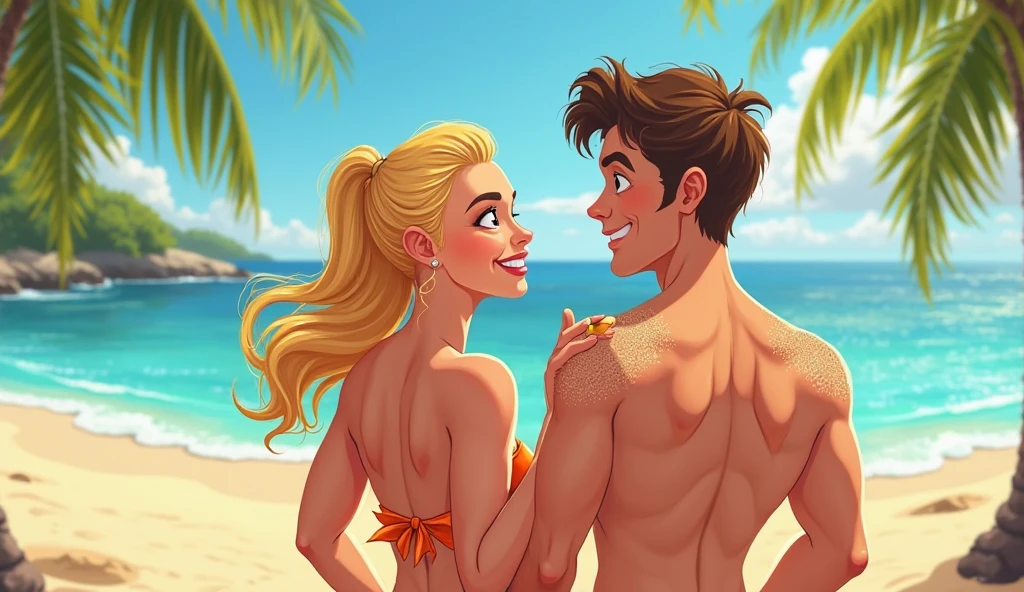 Blond woman and black man  Young in the beach