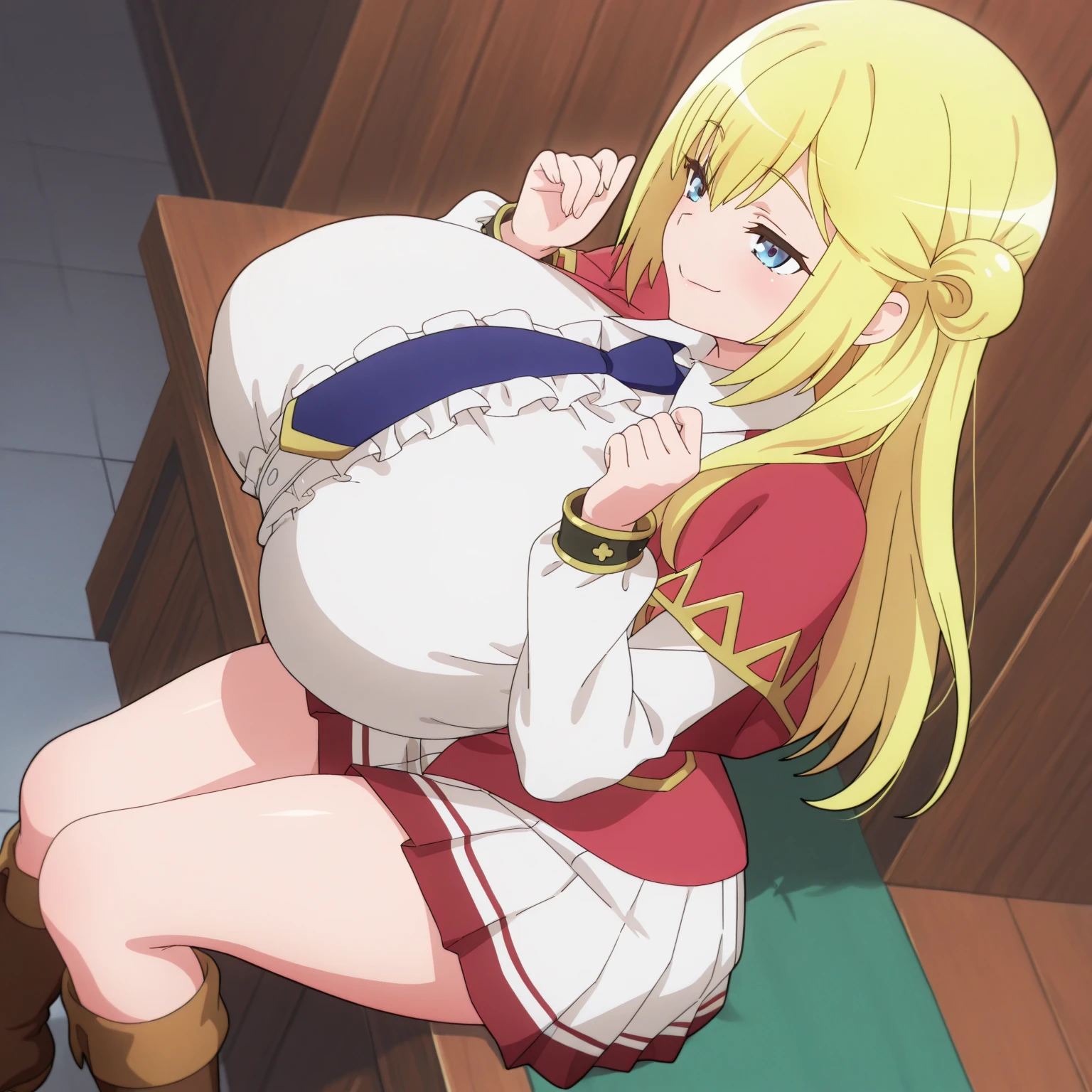 Huge tits, (masterpiece, best quality:1.2),illustration,8k,hd,1girl, full body,(portrait:1.2),seductive smile,long_hair,blue_eyes,blonde_hair,breasts,shirt,white_shirt,blue_necktie,long_sleeves,pleated_skirt,miniskirt,brown_footwear,knee_boots,center_frills,collared_shirt,single_side_bun,