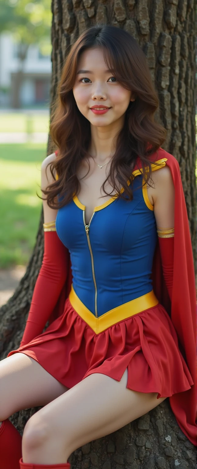 Beautiful slim petite smiling Caucasian super heroine with long styled auburn hair wearing a satin nightdress and high heels with her fists raised ready to fight, large breasts, slim waist, slim legs, bare arms, bare legs