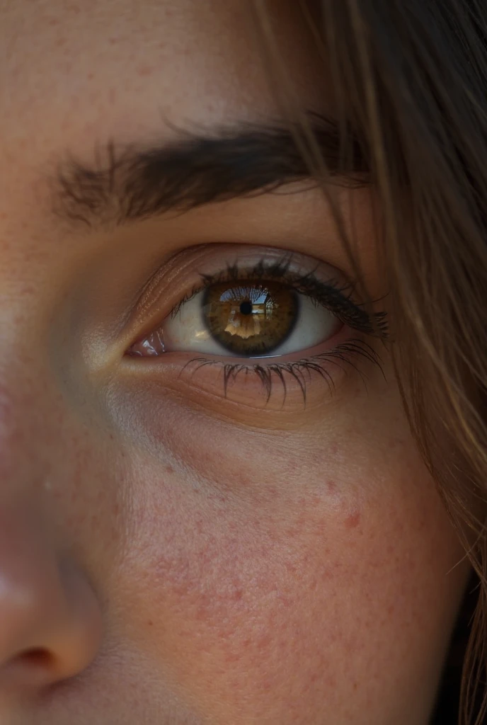 photo brute, Beaux yeux marrons, photo macro, chef-d'œuvre, Détails colorés, primé, très détaillé, 8k, éclairage naturel, film analogique, peau détaillée, composition étonnante, détails complexes, diffusion souterraine, poils de velus, Des textures étonnantes, Filmique, clair-obscur, Lumière douce, fille de 21 ans, haut du corps et visage,