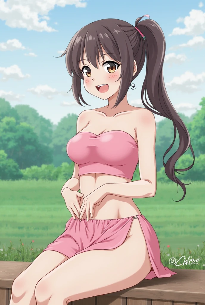 ((Oyama mahiro)), ((Masterpiece)), (highly saturated), (cheered up:1.5), (High Definition), (professional photography:1.2), flat body, Pretty girl, (pale ivory hair, Horse tail), (Beautiful small breast), He drowned, long silky hair, (blush, very naughty laughing face), Slightly exposed navel, pretty eyes, slender, (oversized hoodie and pants), sunny day on the street, ((embarrassed pose))