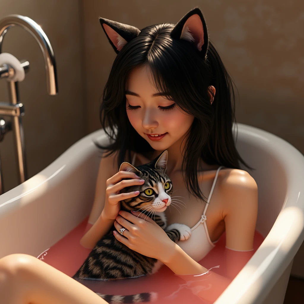 raw photo , 8K, ultra detailed, (smile:1.4), (cat in bath:1.3), (round face),