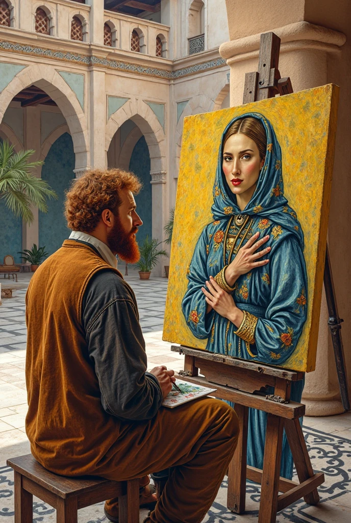 Une belle fille arabe, aux longs cheveux noirs, dessinant une image de sa mère, la peignant avec une grande précision, teignant des couleurs sur ses vêtements, assise sur une chaise en bois, teignant des outils sur le sol, éclairage léger d'en haut à gauche, lumière fumer à droite