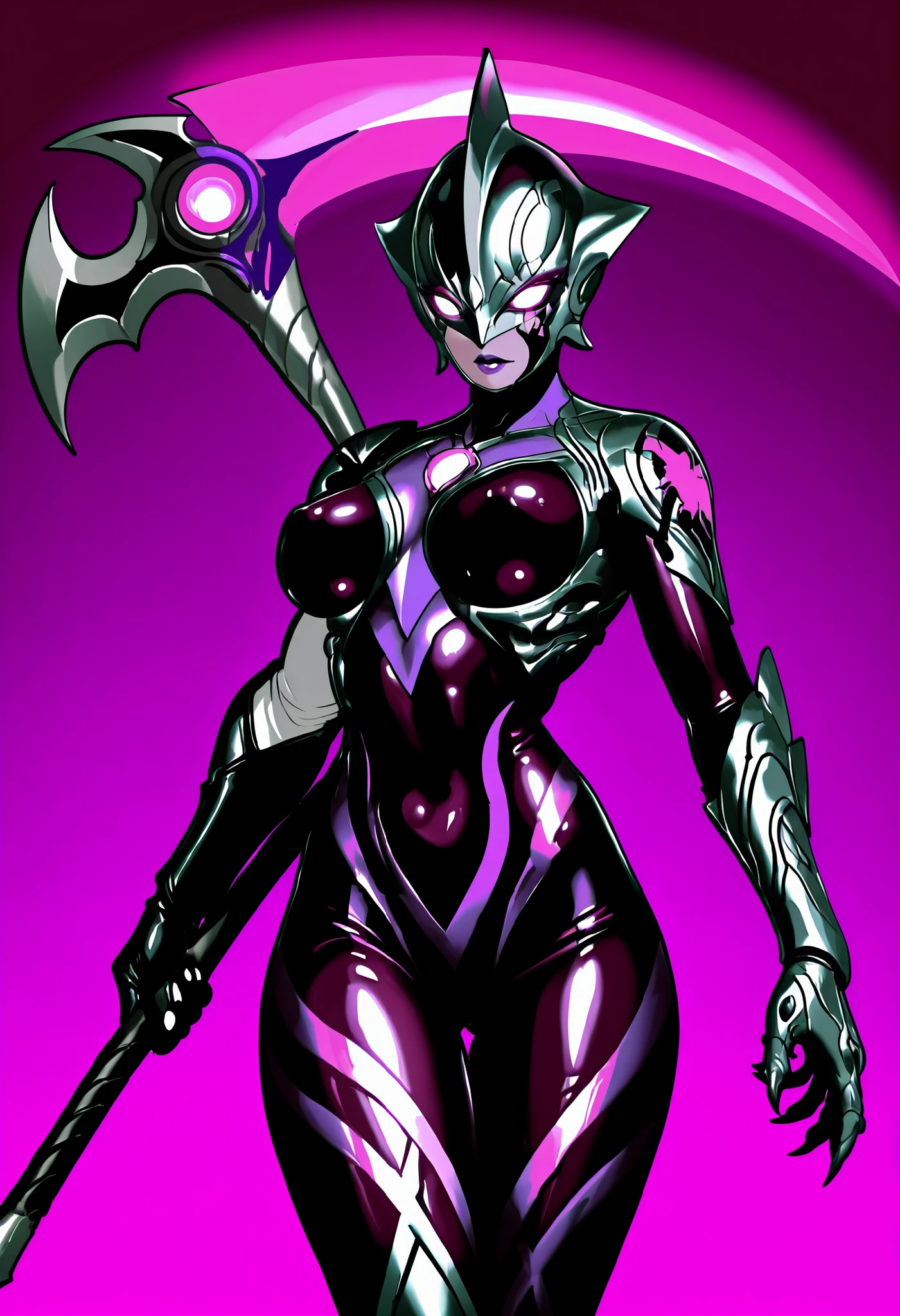 Dark Ultraman Girl. Full-face helmet head. Black helmet. Purple lips. Purple glowing eyes. Blank eyes. Eyeshadow. Glossy. Black image color. Purple decoration. Pink lines. Latex bodysuit. Cracked tattoos. Asymmetrical arms. Armored arms. Sharp claws. Perky breasts. Slender waist. Thighs. Weapon-holding. Death Scythe.