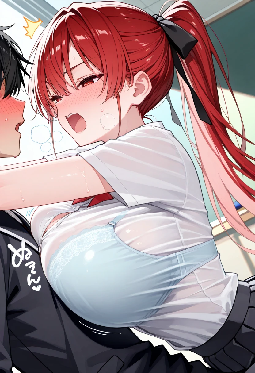 (((masterpiece))), (((High resolution)))、(((8K quality)))、(((Perfect Face)))、Looking into the camera, ((Highest qualityの目)), (Detailed face), (Detailed Texture), ((Big Breasts:1.5)), Dutch Angle, Angle from below, ((Smooth texture:0.75, animeCGスタイル)), (Highest quality, masterpiece, Highest Details) fashion photography of cute astronaut girl with long iridiscent , Highest quality,masterpiece,reality:0.8,One girl, score_9, score_8_superior, score_7_superior, sauce_anime,
Ellis Greyrat, You will become a Greyrat, Ahoge, Hair between the eyes, Long Hair, Red eyes, Redhead, Side Lock,
Black Hairband, 
indoor, bed, bed room,
View your viewers, Cowboy Shot, Dutch Angle, Showing nipples, Hot face, blush, (Sweat:1.3), (embarrassed,blush:1.2), ,nsfw,(ecstasy:1.3), (steam:1.1),(wet:0.8),((1 boy and 1girl are having sex:1.4)), ((On all fours:1.3))