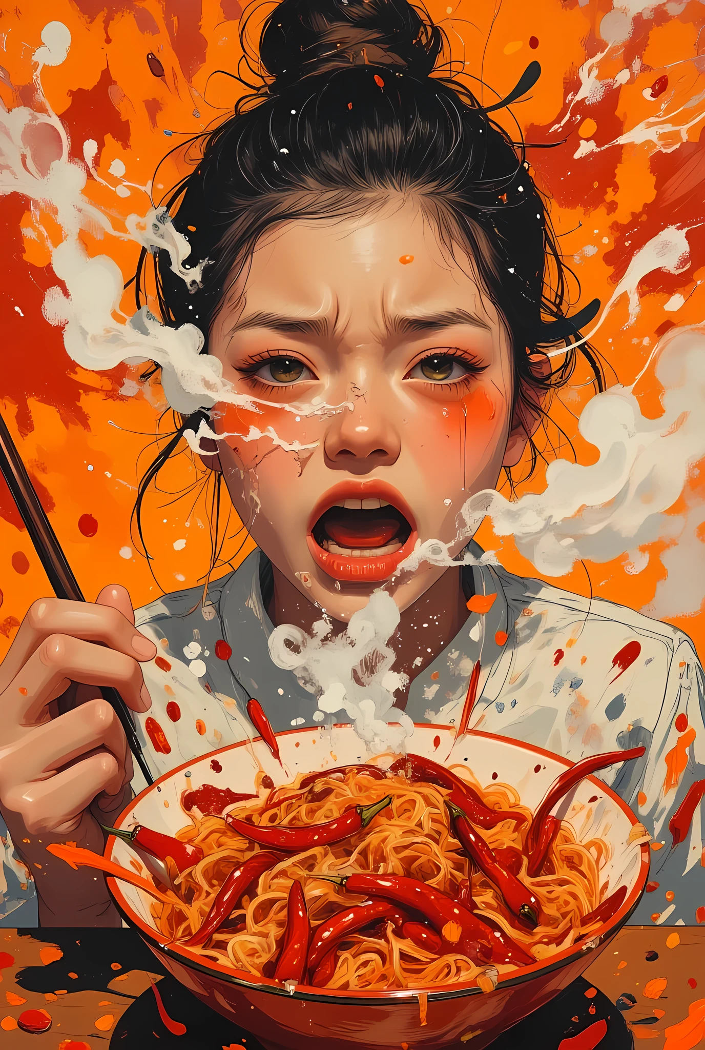 acrylic painting style, a person with flushed cheeks and watery eyes crying as they eat an extremely spicy dish, steam rising from a bowl of red chili-infused noodles, vibrant splashes of red and orange paint to emphasize heat, exaggerated tear streams, dramatic facial expression of pain and determination, bold brushstrokes and thick paint textures, fiery background with abstract flames and spice motifs, comical yet intense scene, high detail, traditional art aesthetic, masterpiece