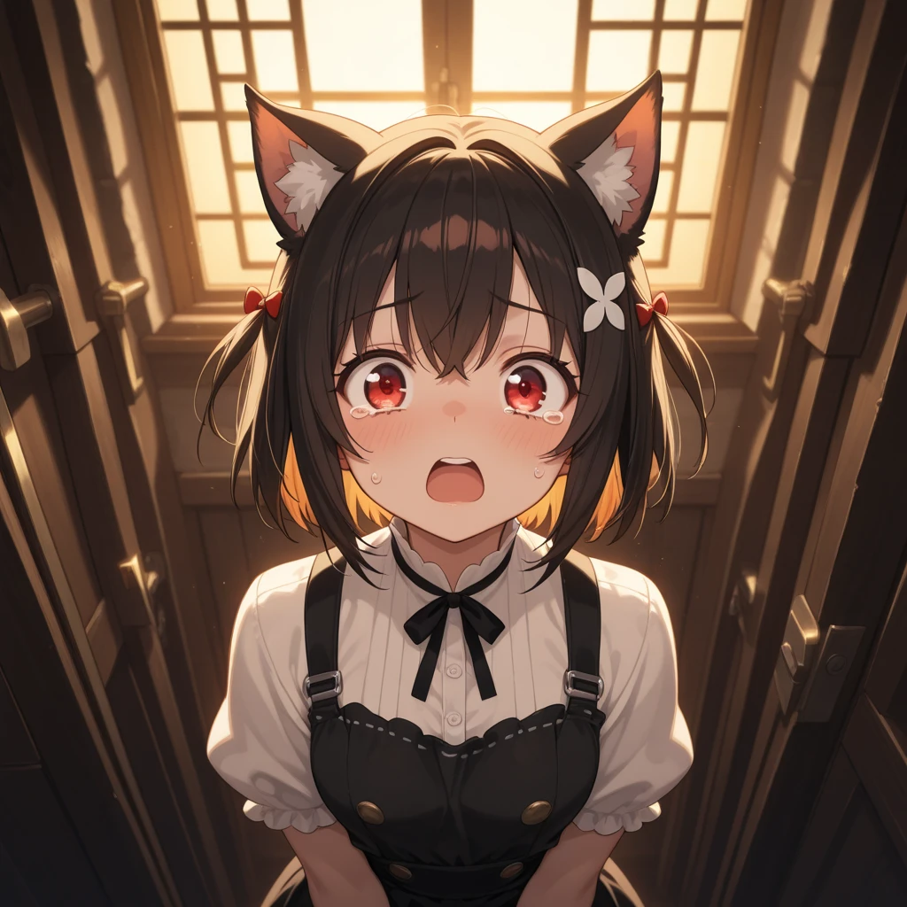 A high resolution, beste-Qualit, illutst, (details face), (detailedeyes), ultra hyper-detailed, 巨作、Soft Natural Lighting、(1girl in:1.4)、(short-haired)、独奏,Girl in cat cosplay、cute-cute、gargantilha、th all of fours、Lying on the breakwater、large exposed breasts ,Walk along the concrete breakwater、harbour in background、yawns、(From above)