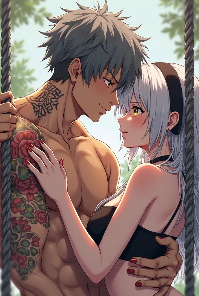 I would like to get an anime-style image of a couple consisting of a man with long platinum hair in a ponytail, long bangs and a tattoo, stripped to the waist, kissing a woman with black hair square, and in lilac lace underwear, she hugs him around the neck.