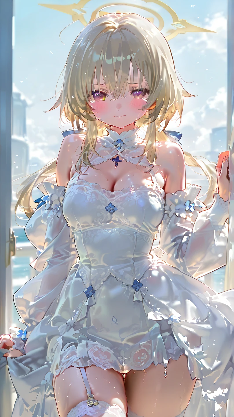 the same,
Depicts only one woman,
Golden Hair,Wet hair texture,Water dripping from hair,
(Short Hair.05),Ashime,straight,
((Black Rose))Hair Accessories,Purple Necklace,
Natural skin texture,Big ,Narrow waist,Bring both arms together,
((((White One Piece Dress)))),
White scarf,
(((White transparent jacket))),
Golden crown,
Neuschwanstein Castle,Garden of Roses,Sit on a bench,
11:30 PM,wood々,darkness,Starry Sky,moonlight,constellation,shooting star,
Slightly larger breasts,expression(smile),Hall々and attitude,White teeth,Open Mouth,Narrow your eyes halfway,
blush,True Face,Sexy pose,Posture with emphasis on the chest,
Natural depiction,
Beautiful depiction,
Shiny eyes,
Healthy Body,
Natural hairstyle,
Natural body contours,
Natural facial contours,
(Five fingers)A clear depiction of,Symmetrical fingers,
Two arms,Two legs,
Sharp eyelid depiction,
Symmetrical eyes,
Keep the subject in the center,Expand the upper body,
Beautiful image quality,
Delicate shades,
4K,Very detailed,
Delicate light adjustment,
Delicate contour drawing,