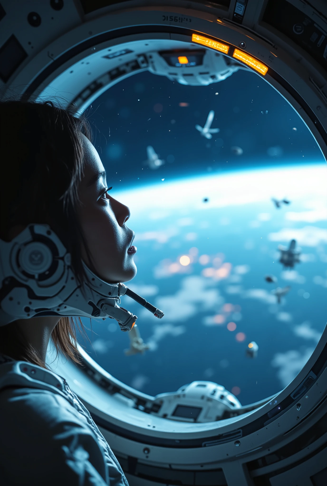 A lone Asian female astronaut inside a space capsule, staring silently out a large window at the distant view of Earth, which is partially obscured by space debris and fading into darkness, soft blue light on her face, tear floating in zero gravity, reflections of Earth visible in her helmet visor, futuristic interior with blinking warning lights, sense of grief and isolation, deep space surrounding her, cinematic realism, cold color palette of deep blues and whites, emotional sci-fi atmosphere, inspired by Interstellar and Gravity