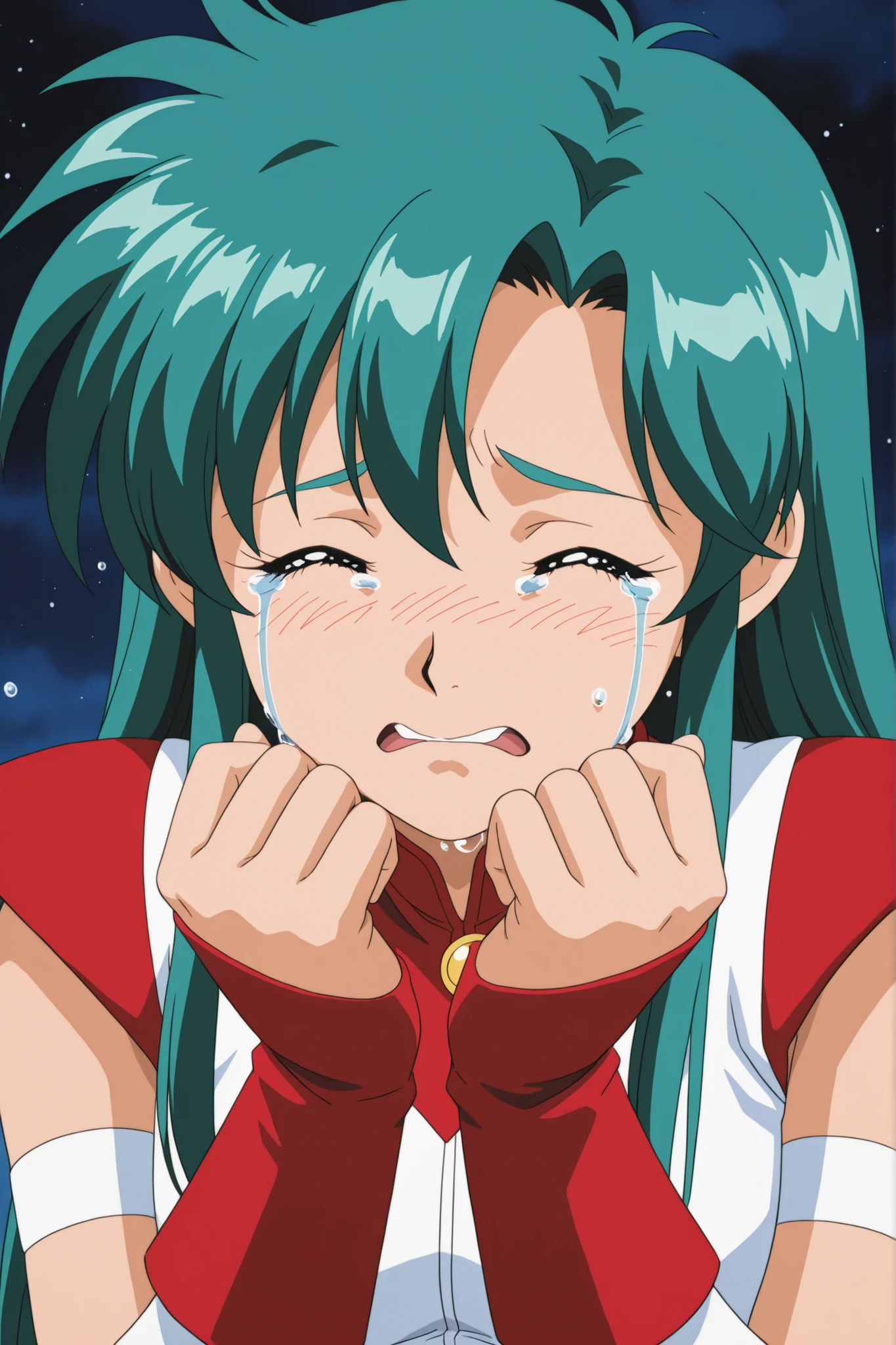 Time Gal with long green hair, crying to the heavens, in full view in a highly detailed anime style