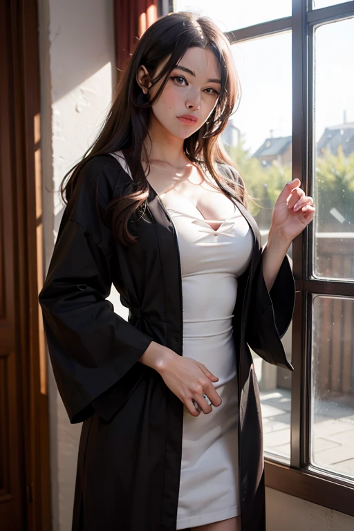 Wear a satent wrench coat, the material of the trench coat is satin, strong shiny, soft and smooth to the touch, the buttons in front of the trench coat are fastened, under the trench coat wear a satin blouse, no bra is on, the collar of the blouse should be outside the coat, the blouse fitted blouse, the chest is C cup, Japan fashion model, wear a shirt, Dressed in a coat, one beauty, the place is feathered in the hotel bedroom, the man