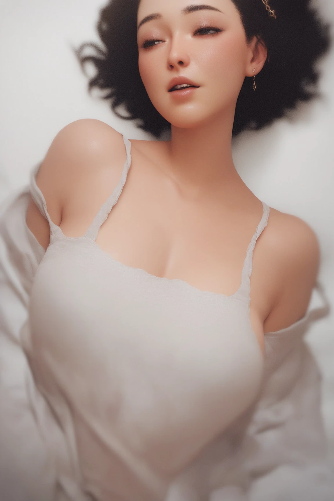 (Highest quality,High resolution,Pixel perfect,8k), (1 Girl:1.2), Beautiful woman,((Wavy mid-length hair, bangs, Brown Hair)), ((Brown eyes, Beautiful eyelashes, Realistic eyes)), ((Detailed face, blush:1.2)), ((Smooth texture:0.75, Realistic texture:0.65, Realistic:1.1, Anime CG Style)), Medium Chest, Perfect body, (Earrings,necklace,A shy smile), ((nude:1.1), (Multiple Views,Two views)