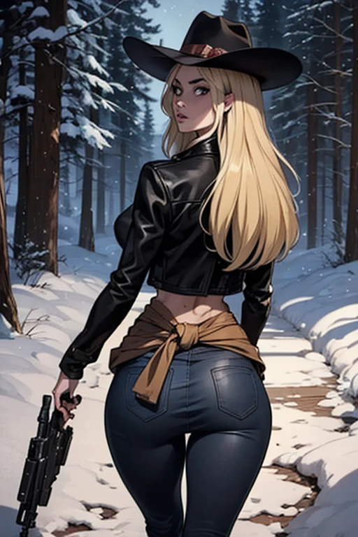 beautiful, (masterpiece:1.2). (best quality:1.2), pov,from behind, 1girl, Magik, blue eyes, angry, midriff, gloves, thigh highs, short shorts, ass,walking, looking over shoulder, soul sword, <lora:magik-10:0.8>, foreshortening, depth, forest