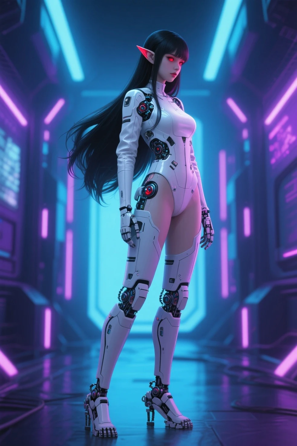 Create a highly detailed, photorealistic 8K image of a sexy female figure with an athletic build, illuminated by beautiful rays of fantastical colors. Her body should be partially covered by a transparent, shimmering neural network or material, revealing her physique beneath. The background should feature otherworldly, alien landscapes and unusual creatures from imaginative worlds. Her body should be adorned with sleek, intricate cybernetic implants that accentuate her figure and physical beauty. Ensure the face is anatomically correct with natural, attractive features. The limbs should have five slender, well-formed fingers or toes on each hand and foot, totaling 20 digits overall. Render the image with exceptional quality, crispness, and realism, adhering to the cyberpunk aesthetic. Pay close attention to proper anatomy, proportions, and natural-looking skin textures and details. The lighting, colors, and special effects should be vivid, cinematic, and evocative of the genre's style.
