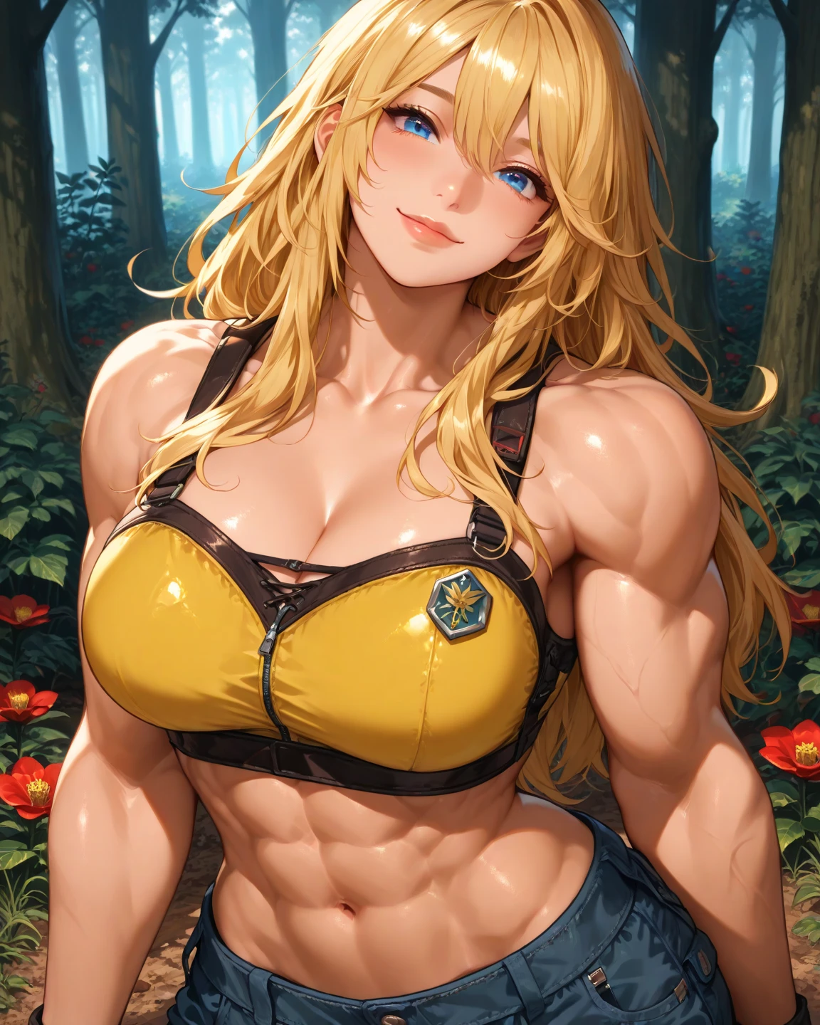 4k, ,Lens flare, blonde hair ,mascara, eyeliner, god rays, 4k, 8k, best quality, masterpiece, hyper detailed, intricate detail, eyes aligned, long hair, tank top, massive breasts, garden, smug, blue eyes, muscles, abs