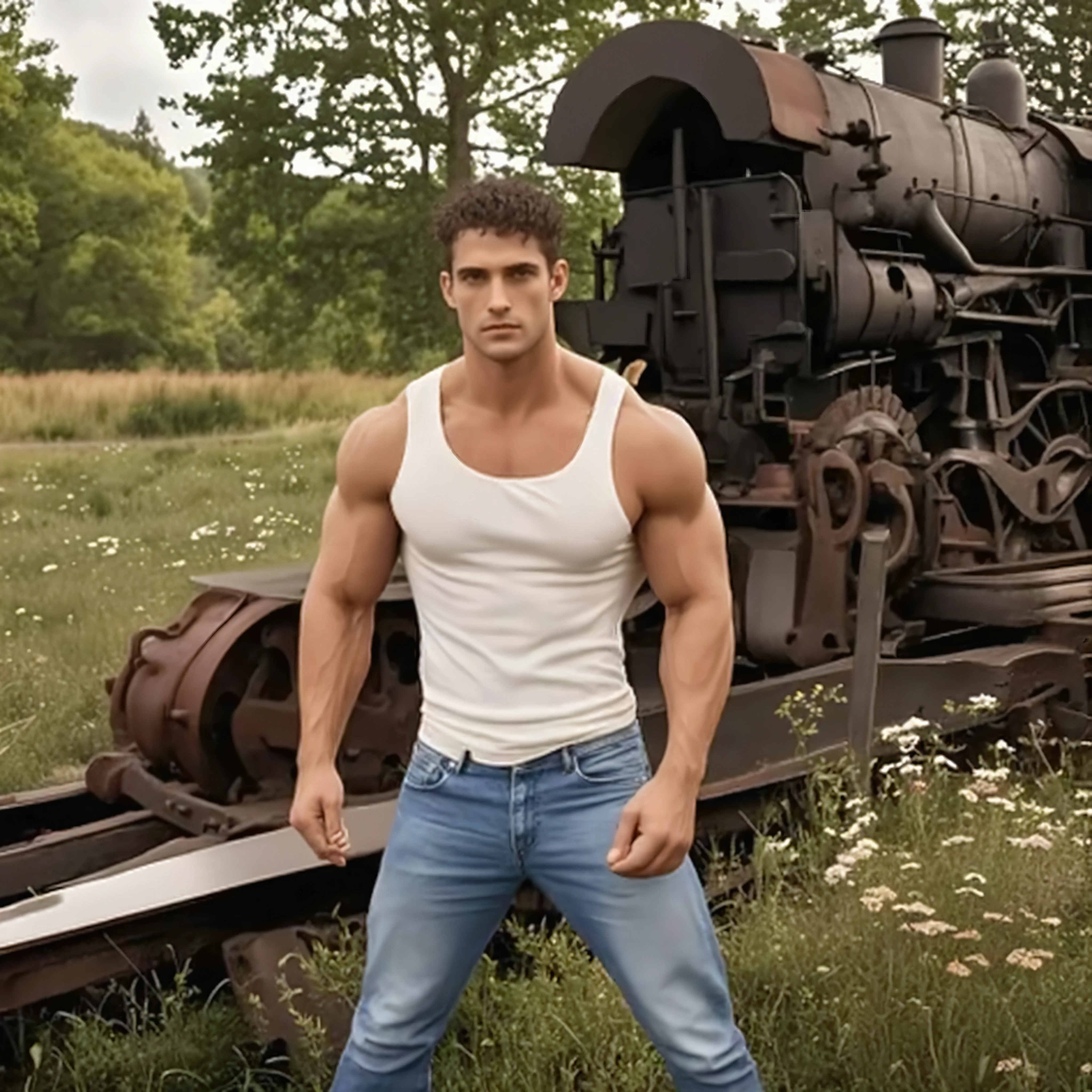 Photography Plane D&#39;Sexy Ukrainian guy has butt, The body is muscular, the eyes are blue, and the dust is dusty., He is working on the train.