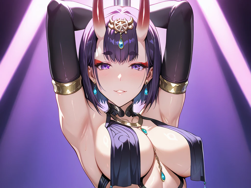 Seilah, 25 year old woman, violet hair, violet eyes, SMILE , horns on his head, big breasts, neckline, tight clothes.