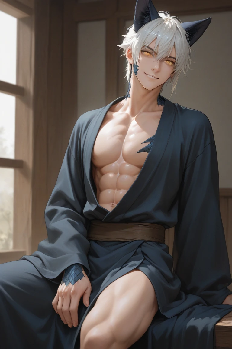 1boy, adult, handsome, perfect face, detailed eyes and face, clean shaved, sixpack realistic, white eyebrow hair, white eyelashes, dynamic lighting, unreal engine 5, hd picture, satoru gojo, white hair, short hair ,hair between eyes ,blue eyes, white skin, Smile