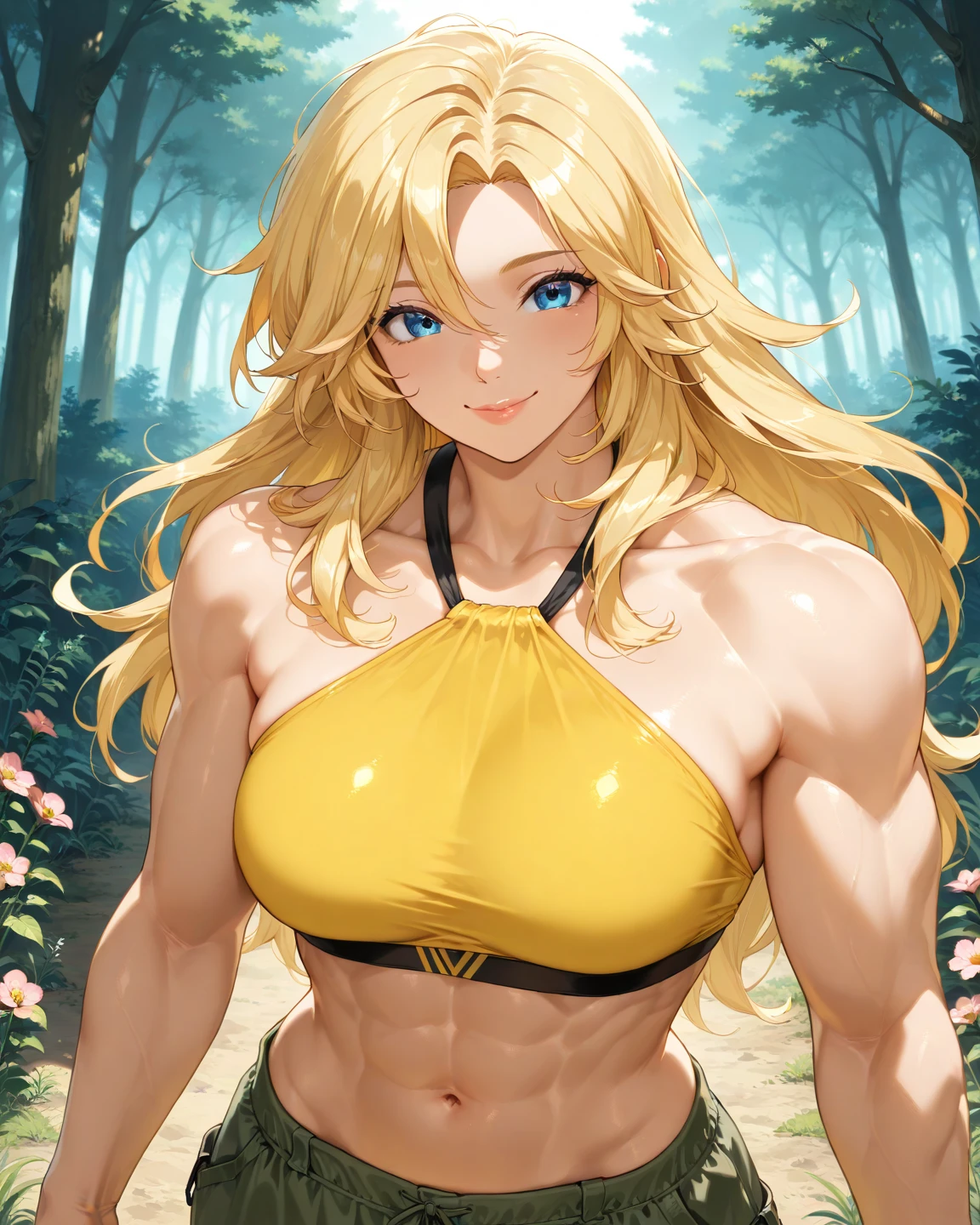 (best quality, masterpiece, ultra high resolution), (8k wallpaper, high-definition, HDR, RAW), (authenticity: 1.4), (full body shot), 1girl, ((Anime Amazon Girl)), ((Long Blonde wavy hair)), ((Pretty Anime Girl)), ((Beautiful Barbarian outfit)), ((Big eyes)), ((Pale skin)), amazing slim and fit body, female curves, huge breasts, large breasts, long legs, thick thighs, sexy flat tummy, perfect hands, ((wearing Animal Print Tanktop)), ((Short skirt)), standing, towering, ((Happy smile)), ((Outside Ancient temple covered by foliage)), natural illumination, sunlight illumination, cave illumination