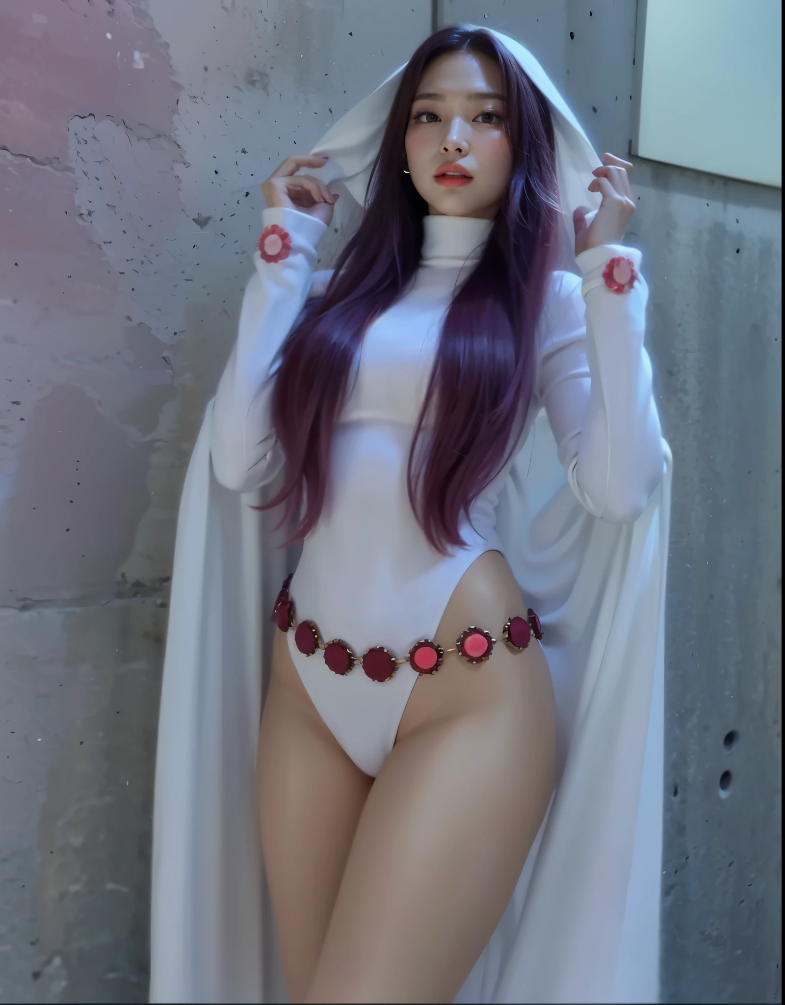 beautiful lighting,best quality,cabelo roxo,absurdrez,master part,ultra highres,photorrealistic, sexy model pose, fotografia de fully body,delicate elegance,fully body, 1 girl, Kido_saori,(usando cosplay da Supergirl, red cloak, S for Superman on chest, blue swimsuit, Red skirt, red boots)