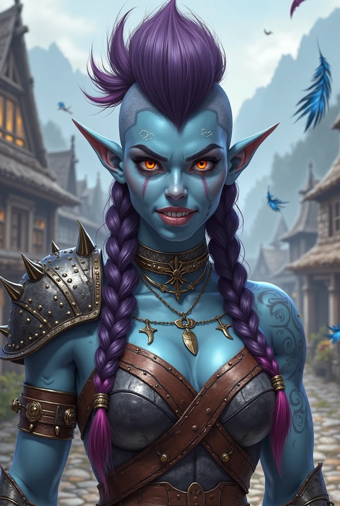 Blue skin orc tiefling adventurer