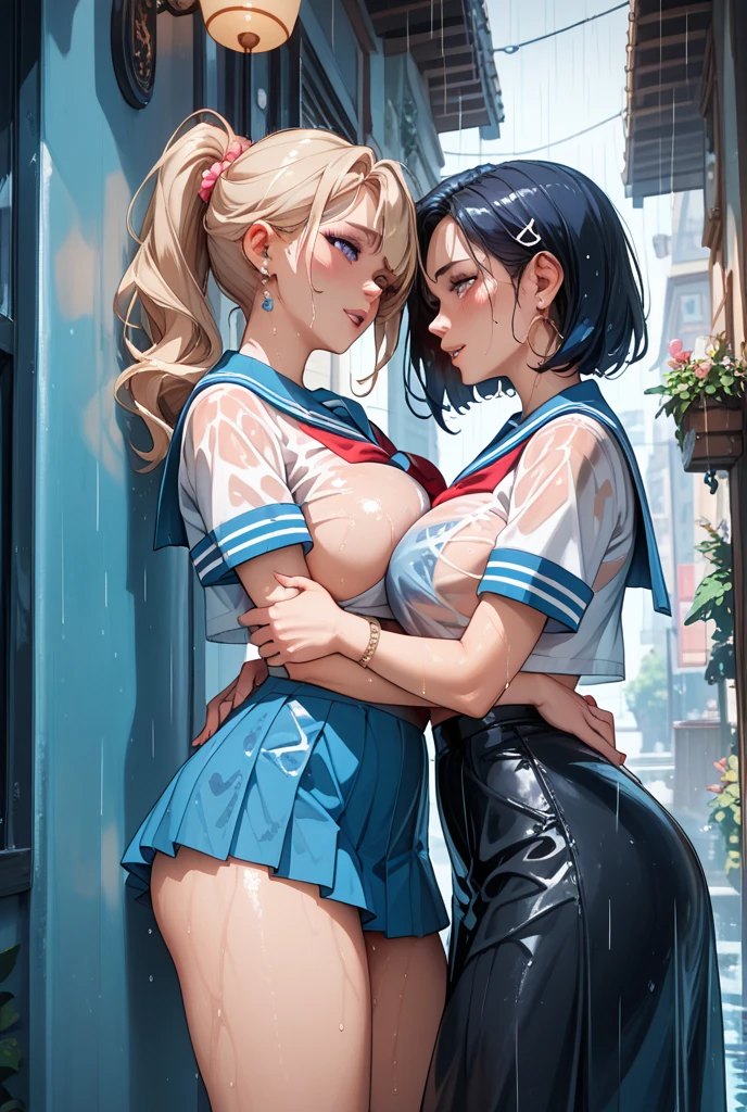 ((2 girls:1.3)), lesbian, (detailed face), (long ginger hair), Blue eyes,(fox ears:1.1), ((schoolgirl uniform:1.3)), orgasm, (big breasts:1.3), blush, (fullbody), sexy pose, (cum:1.5), ((one girl grabbing her underboob from behind:1.3)), only two hands, (fucking each other:1.3), open legs