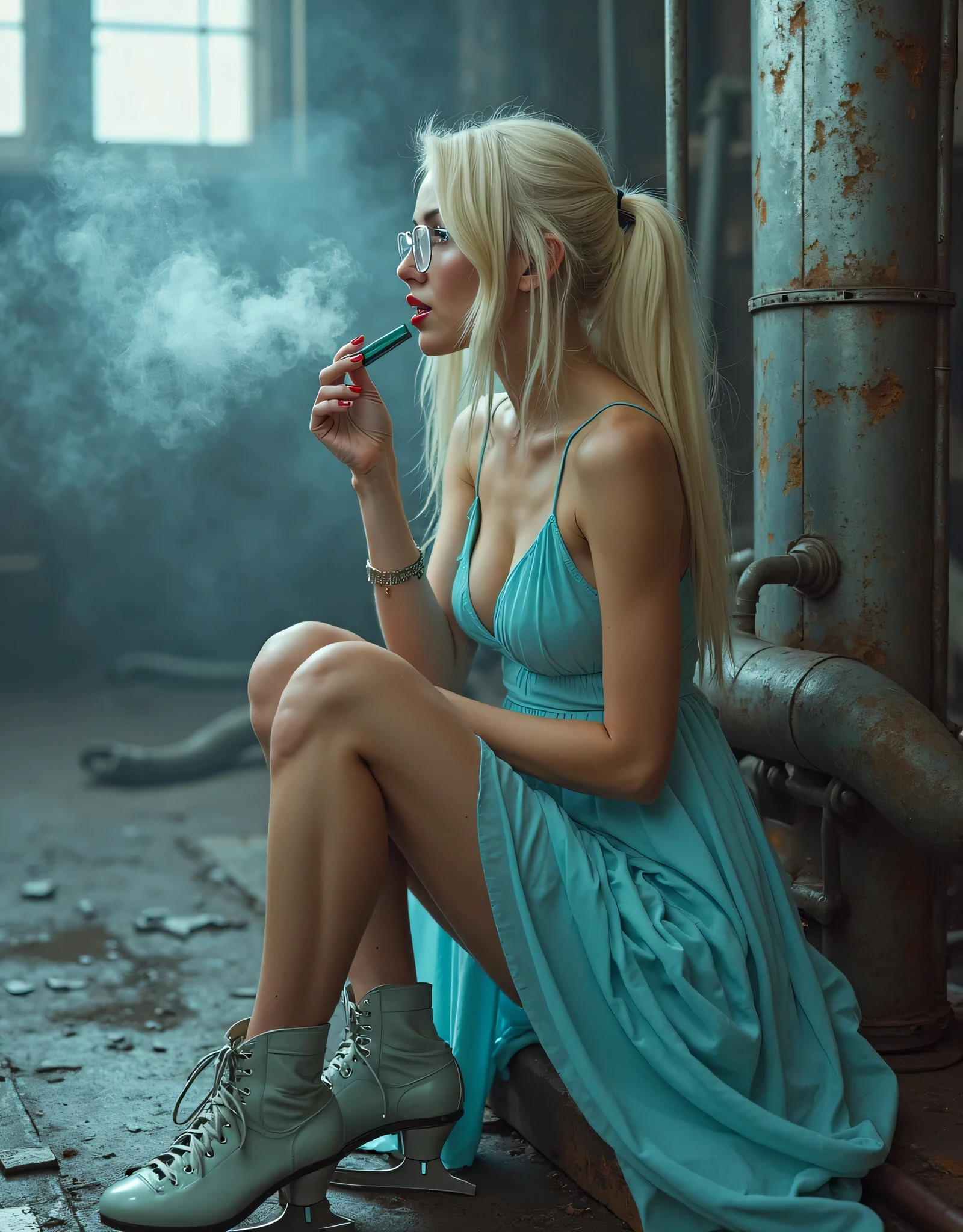 Hyperrealistic photo of beautiful emo Alice in Wonderland, where she is sitting on the street smoking a cigarette, she is wearing a blue dress, striped stockings and red Converse sneakers, the wall behind her back is decorated with graffiti with the words "Alice" and "In Wonderland", empty bottles are scattered around, the air is filled with teenage protest, smoke is coming from her nose, she looks cool and determined, blue eyes, white hair. Cool iPhone wallpapers]