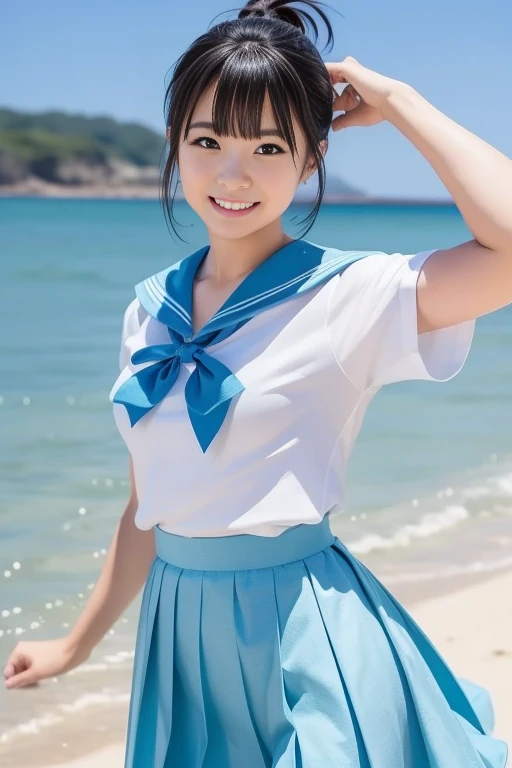 1girl,(((Frontal bust shot angle))),Wide open chest、(((Okinawa ocean)))、(((White sand beaches in Okinawa)))、8k UHD、Digital single-lens reflex camera、High resolution、Shallow depth of field、Natural light、(((Sailor suit)))、(((navy blue super mini skirt)))、(((Full body photography)) )、Small person、(((Young face)))、1 Japanese female、12 years old;beautiful girl、(Black Hair)、A strong wind blows up my skirt、(((Brown eyes)))、Glowing Skin、Smooth Thinning Hair、Long Hair、Detailed background、Detailed eyes and face、Clear Eyes、Cute smile、Calm atmosphere、(((stage)))、(((Small breasts)))、(((Beautiful Eyes)))、Flat chest、Children、(((Toned thighs))) 、(((Angle from below) ))、(((Fine lips)))、(((Skirt fluttering)))、Shining beautiful legs、( Skirt fluttering violently in the strong wind :1.4), (hair blowing in the strong wind:1.4), (leaning forward)、(((barefoot、barefoot)))