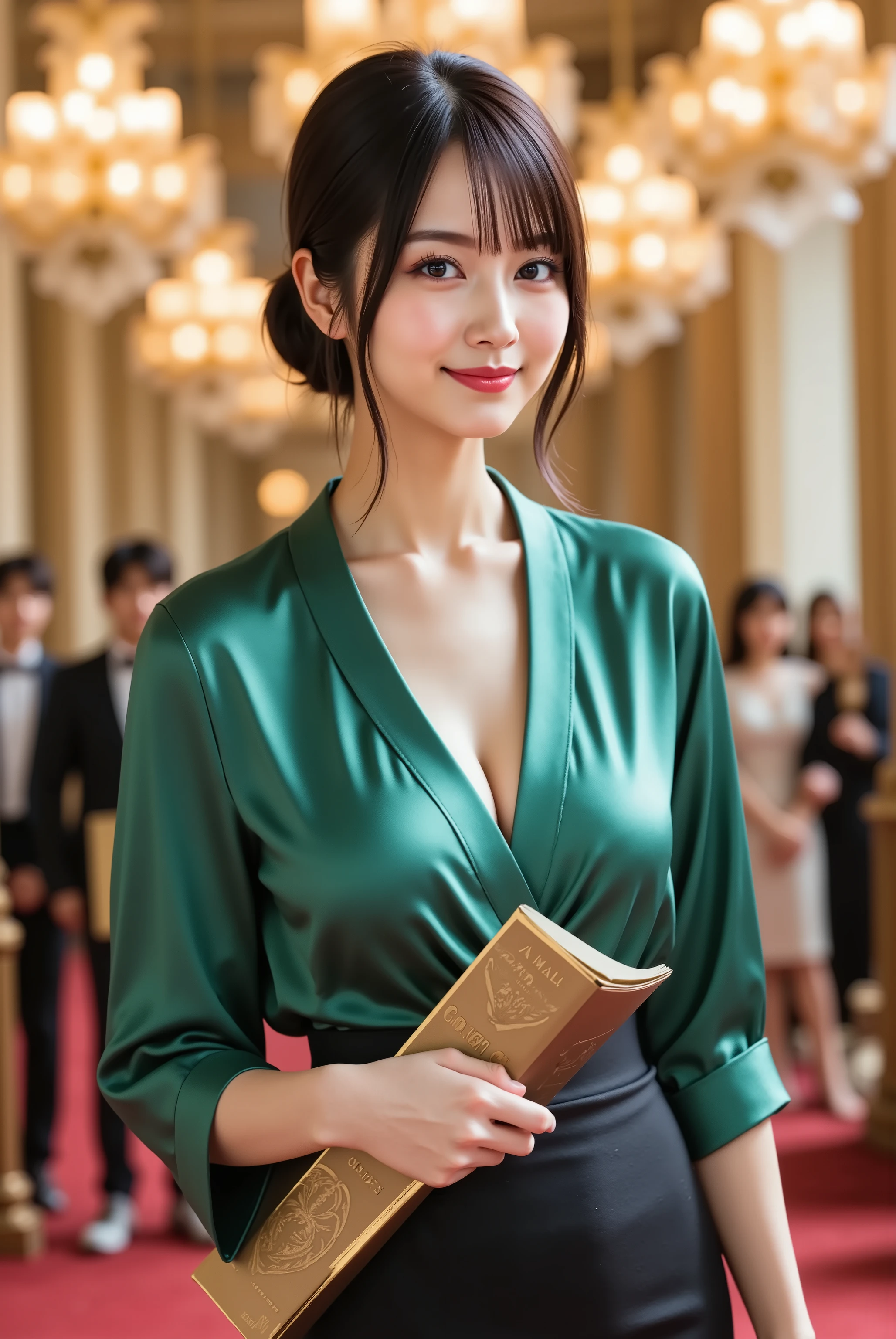 sakura,professional photography, masterpiece, high resolution, a knee-up portrait of a 20-year-old elegant Japanese woman with an expectant smail, standing in the opulent, gilded lobby of a classical concert hall during intermission. She has delicate Japanese facial features, a soft angular jawline, high cheekbones, a small refined nose, and large, expressive eyes sparkling with cultural appreciation. Her skin is porcelain-smooth and immaculately presented, showing realistic texture under the grand chandeliers. Her long, dark brown hair is styled in a sophisticated chignon. She wears a chic, emerald green V-neck silk blouse that drapes beautifully to accentuate her voluptuous, ample bust and a tasteful, deep cleavage, paired with a black high-waisted tight mini skirt. She holds a glossy concert program in one hand. The composition is a professional portrait, aspect ratio 2:3, exuding an air of sophistication. Shot on a Canon EOS R5 with an 85mm lens at f/2.5, ISO 600, and 1/125s shutter speed, creating a beautiful bokeh of the plush red carpets, crystal chandeliers, and other elegantly dressed patrons in the background. The lighting is grand and warm, from the massive chandeliers above, casting a soft, golden glow that creates a luxurious and inviting atmosphere. The color palette is rich and warm, with golds, deep reds, and the emerald of her blouse. The level of detail is hyperrealistic, capturing the delicate sheen of her silk blouse, the intricate details of the lobby's architecture, the crisp printing on the program, and her flawless yet authentic skin. The mood is elegant, sophisticated, and captures an authentic moment of cultural enjoyment.
