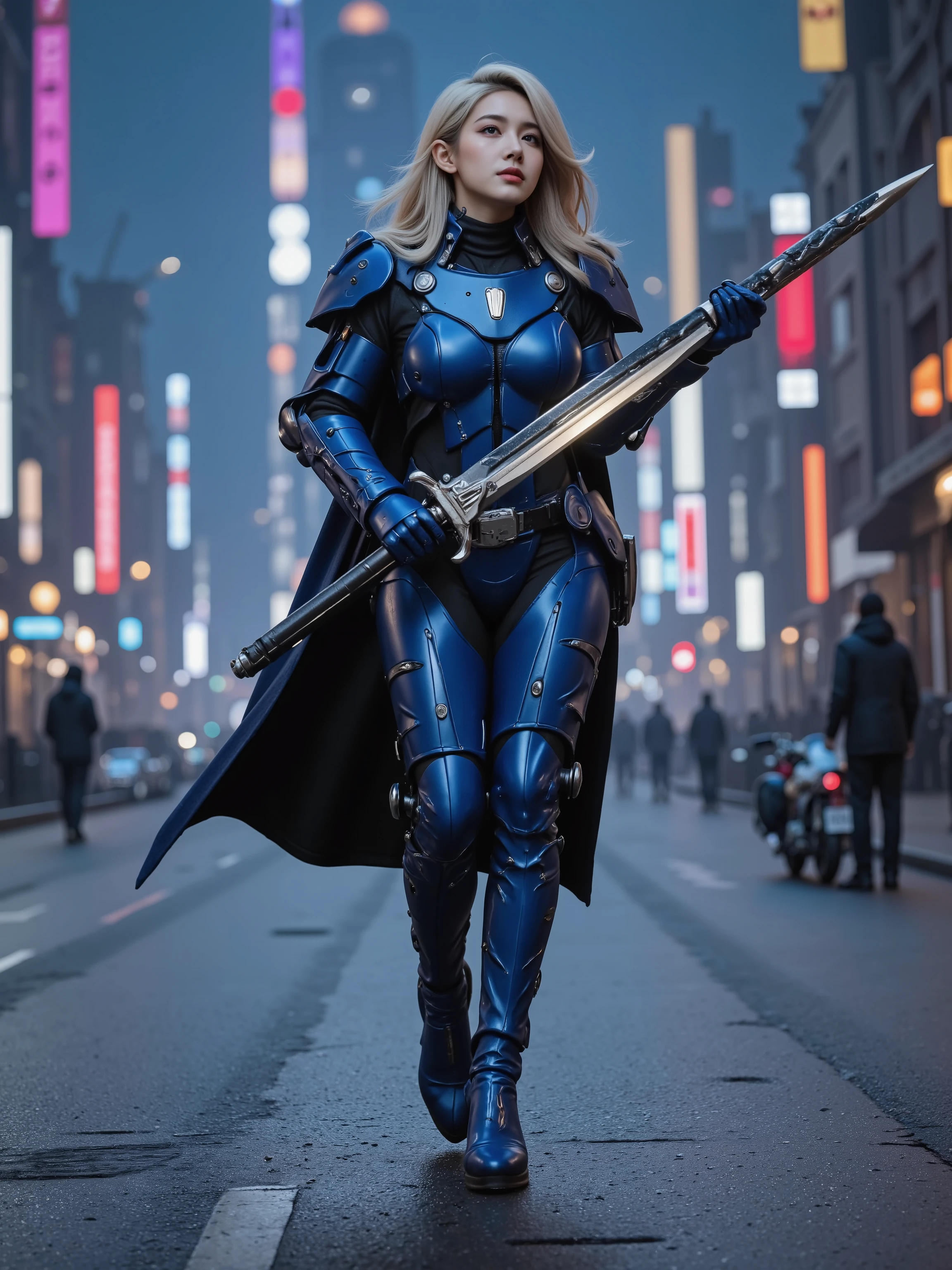 XDimension_weapon,A BEAUTIFUL SILVER HAIR ELF WOMAN, LONG POINTED ELF EARS, Equipped with a strong and massive blue reinforced exoskeleton, holding a big sword,  She is looking up at the starry sky , High Quality, masterpiece, super definition, Photo Real, HDR, UHD, extreme detail, Professional, vivid colors, bokeh effect, Dull Atmosphere, Fantasy, Futuristic, Scientific, combative 