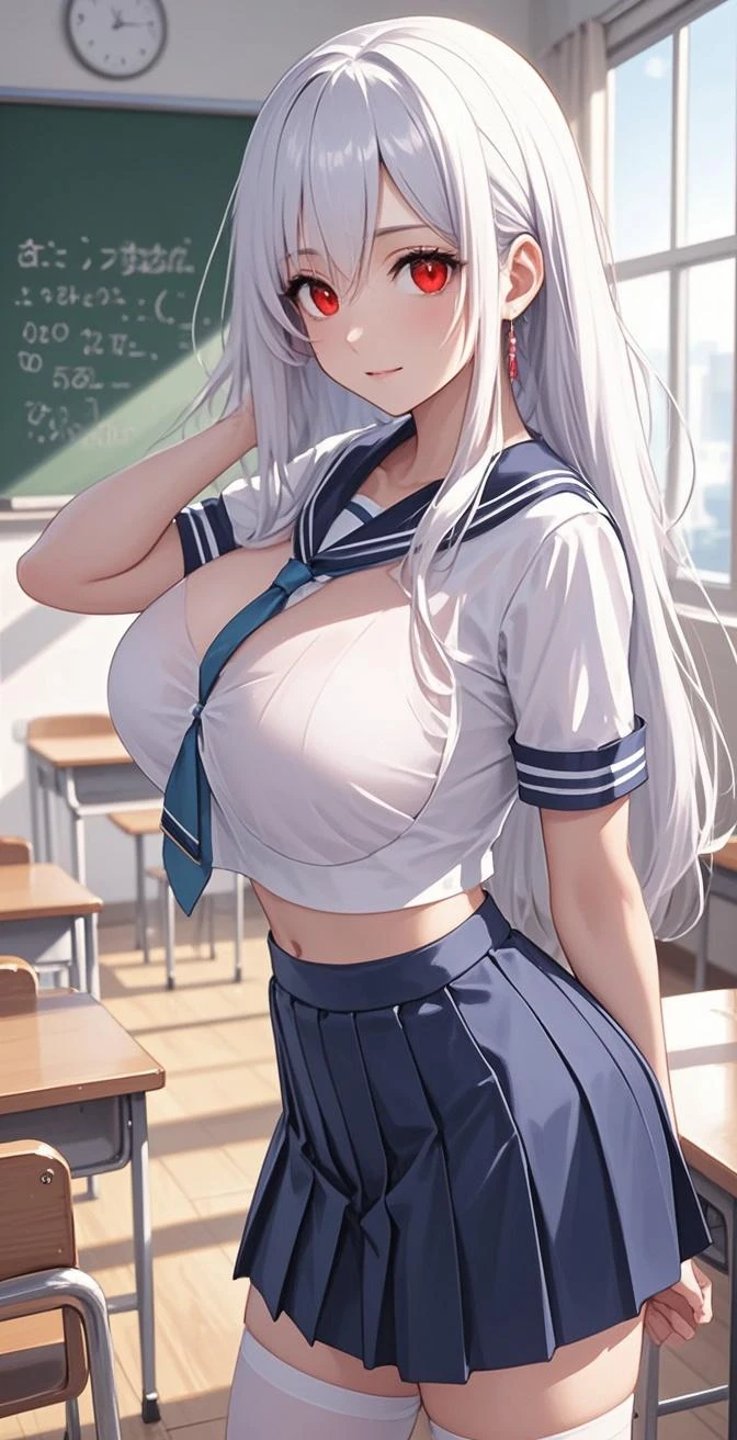[1girl, shimakaze \(kancolle\), kantai collection], curvy, Highest quality, Super detailed, masterpiece, Ultra-high resolution, 8K, Ridiculous, Cowboy Shooting, Blurred, Focus on the girl, Embarrassing, blush, Lovely, Open your mouth, What saliva leaves behind, (white tanktop), (micro mini skirt), ( T-back panties), Wet skirt hem, (Sticky panties:1.1), (cleavage), (cleavage), Classroom Background, The skirt is accidentally exposed, large breasts, (crop top navel), (waist line), Accidentally exposed panties