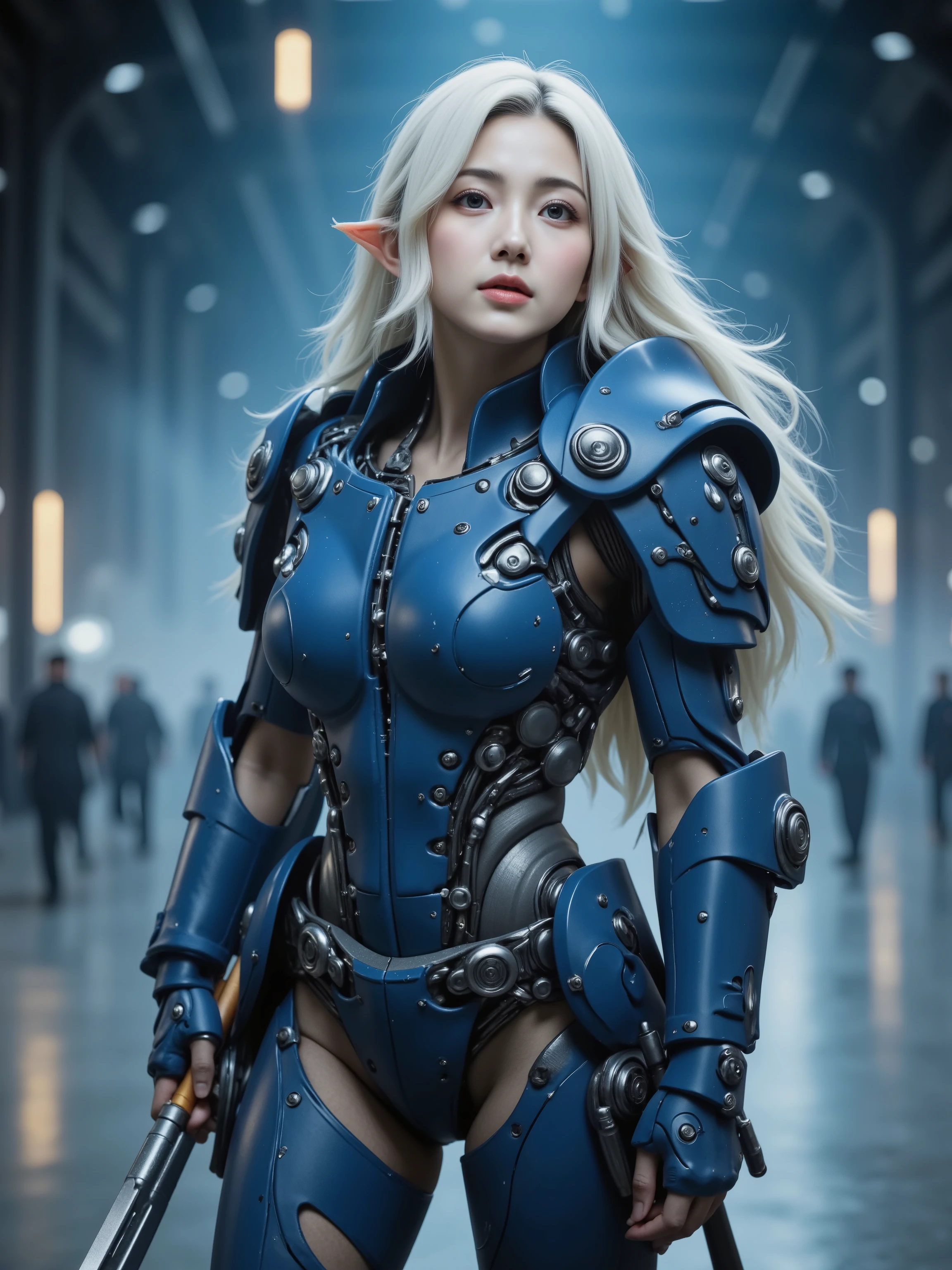 XDimension_weapon,A BEAUTIFUL SILVER HAIR ELF WOMAN, LONG POINTED ELF EARS, Equipped with a strong and massive blue reinforced exoskeleton, Holding a sword in one hand, WITH A MACHINE GUN IN ONE HAND,  She is looking up at the starry sky , High Quality, masterpiece, super definition, Photo Real, HDR, UHD, extreme detail, Professional, vivid colors, bokeh effect, Dull Atmosphere, Fantasy, Futuristic, Scientific, combative 