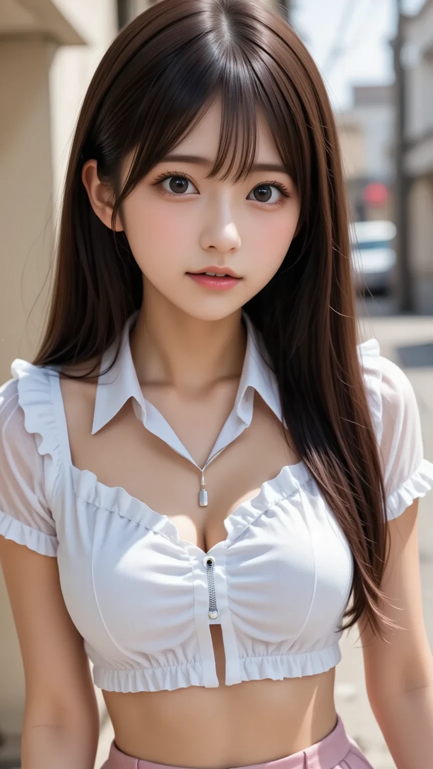 ((top-quality、masutepiece、hight resolution))、(Zoom photo from the front:1.95、Pose inviting a man、On the street at night、semi long hair、A dark-haired、Small cleavage、Cute smile:1.45)、1 high school girl、kawaii faces、Black tights、(((high-school uniform)))