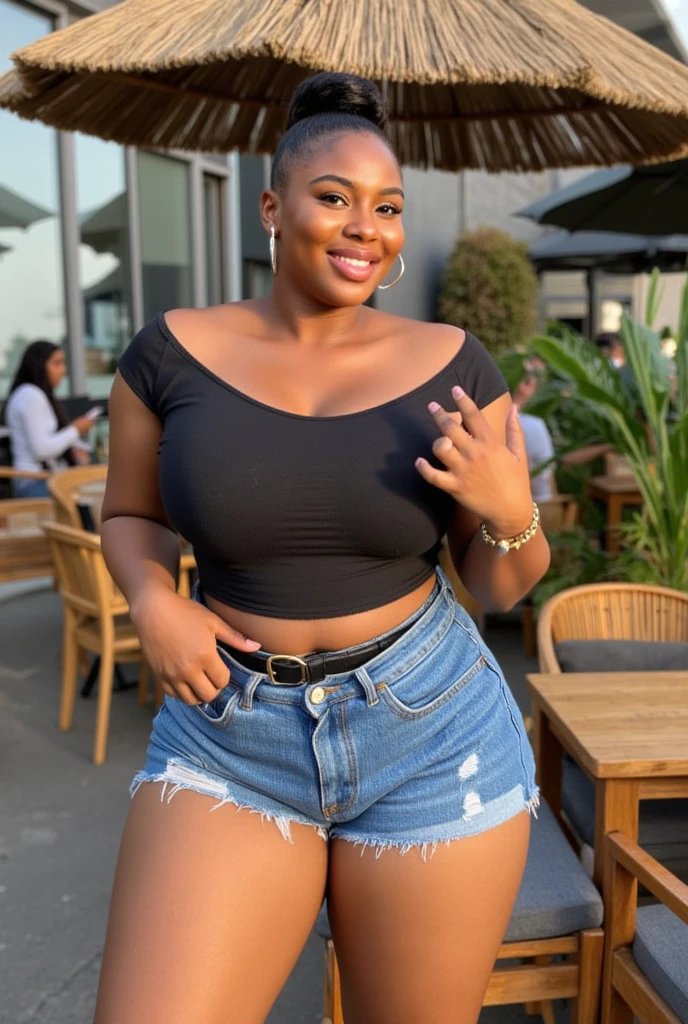 Create an image of a 23-year-old African woman, exuding happiness, dressed in a beautiful modern clothes, she should be very thick and realistic . She should be posing with the confidence and grace of a fashionista. The scene should be simple and capture a beautiful scene of the beautiful outdoors