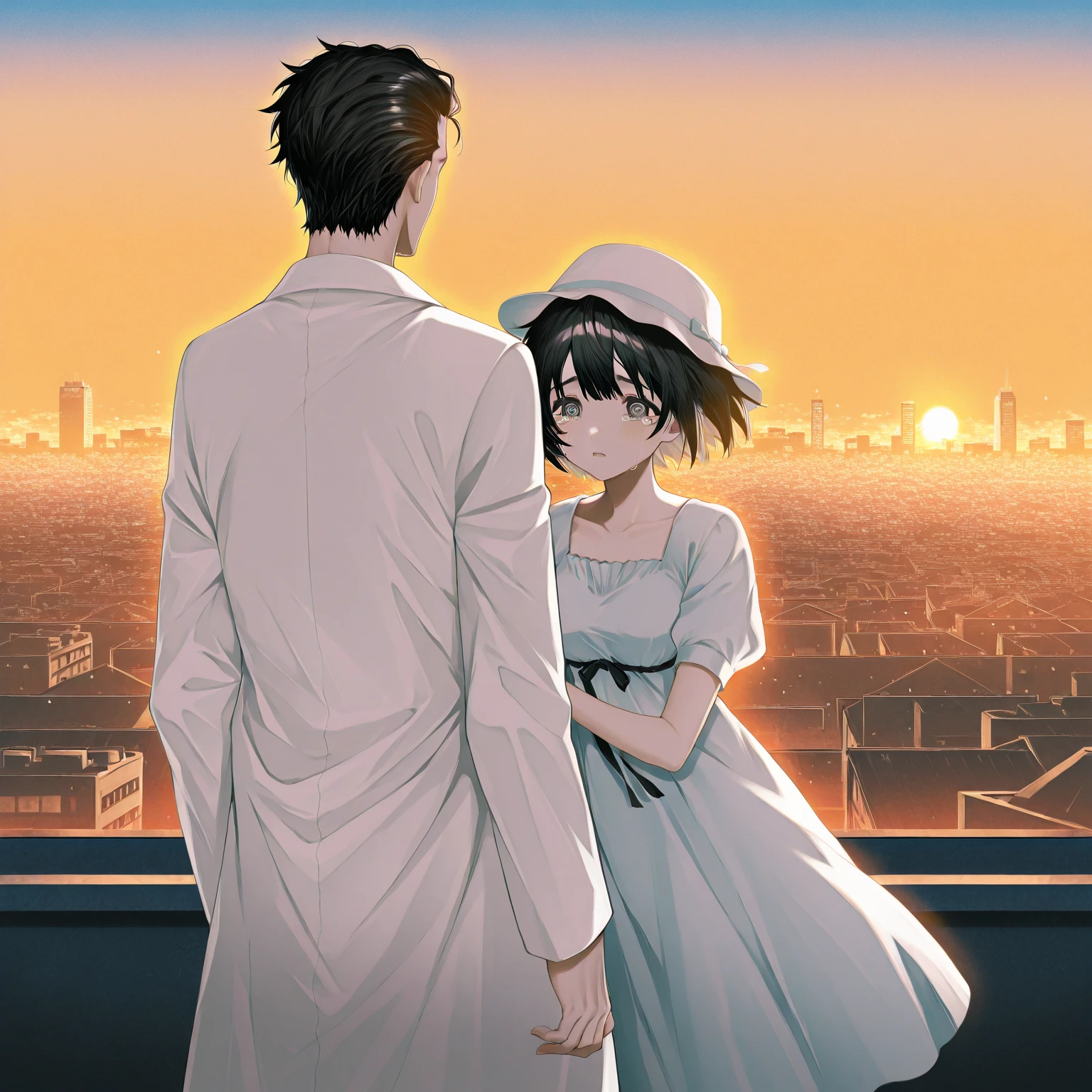 A dramatic anime-style close-up scene on the rooftop of the Radio Kaikan building at sunset. Mayuri Shiina, a young girl with short black hair, wearing a light blue dress and a white hat, stands in the foreground. She has tears streaming down her cheeks, but her eyes show firm determination and emotional strength. Her face is slightly flushed from emotion. In the background, Rintarou Okabe, a tall young man with messy black hair and a white lab coat, stands shocked and speechless. A sleek, futuristic time machine is partially visible behind them. Warm cinematic lighting, highly expressive faces, anime-style. Emotional atmosphere, masterpiece、realistic、hyper-detailed