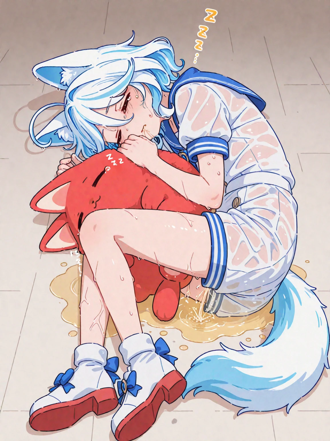 A male wolf have white fur and blue eyes naked and get sex a fat human old man a smirk face with body trembling and uncomfortable face x-ray with some English dialogue 