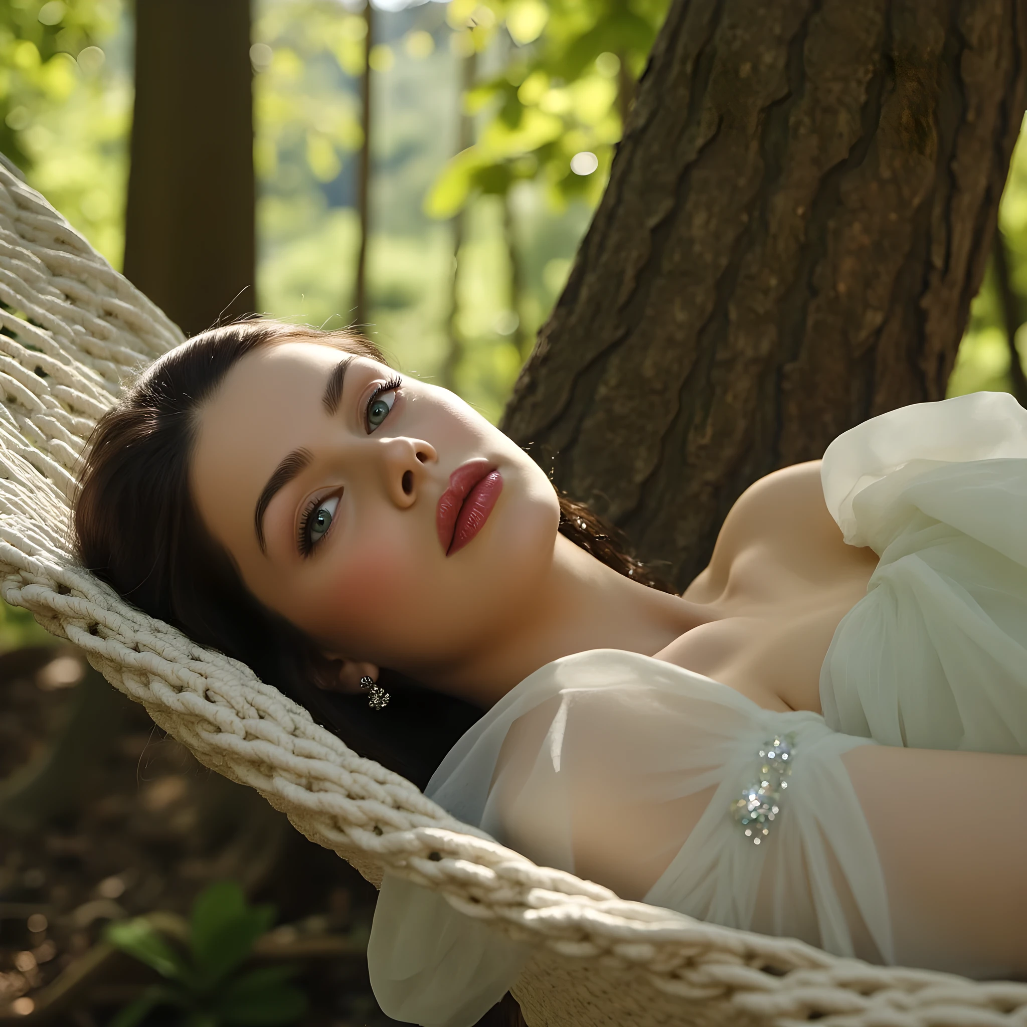 A young woman of supernatural, celestial beauty, lying gracefully in a white woven summer hammock between tall green trees, surrounded by soft golden sunlight filtering through leaves. She has rosy porcelain skin, lapis lazuli glowing eyes, delicate fine lips, and long black wavy hair that cascades like silk over the side of the hammock. Her expression is serene and enigmatic. The scene is bathed in soft ambient light, with dancing shadows and gentle breeze movement in her hair and dress. Subtle sparkles of magic in the air. Cinematic depth of field, ethereal forest glow, ultra-detailed textures, fantasy realism, 8K, DSLR macro light, masterpiece