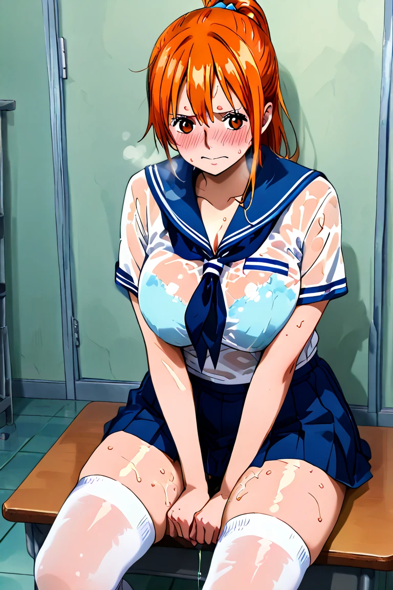 score_9, score_8_up, score_7_up, source_anime, anime_style, 2d, nami, one piece nami, 1girl, solo, large breasts, shirts,  short hair, ponytail,  cowboyshot,best quality,masterpiece,uncensored,prefect lighting,very aesthetic,anime,Ultra detailed,8k,(realistic:0.5),highly detailed,physics-based rendering,cinematic lighting,dynamic angle,official art,anime coloring,illustration, nsfw, hetero, 1girl,(school uniform:1.1), nipples,r, twintails, medium breasts, bouncing breasts,pov,screaming, motion line, trembling, white shirts, (miniskirt:1.1), missionary, ???, lying, on back, ??? in pussy, blush,sweat,fog,tears, ?????, (cross section:1.1), fertilization, vulgarity, bedroom , on bed ,underboob, lactation, projectile lactation, excessive ???, ??? drip,(torn clothes:1.2), ??? in mouth, arms behind back, arched back,




