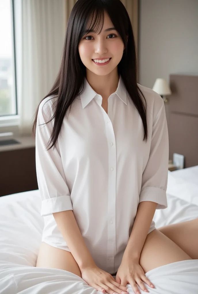 (((Draw only one woman: 2))), Beautiful woman wearing only baggy white long sleeve shirt, Sitting on a stylish bedroom bed, 22-year-old beauty, ((1screen)), 8K, RAW shot, top quality photo, ​masterpiece, Nice realistic photos, ((Anatomically correct proportions: 1.5)), ((perfectly proportions)), ((beautiful woman like a Japanese actress) ), A detailed face, A detailed eye, Narrow Nose, Detailed fingers, detailed arms, Detailed skin, Detailed legs, short torso, Slender body, Thin thighs, huge tit, Nipple shadow, Crotch wrinkles, Small beautiful ass, Shy smile, White shirt with collar and front buttons, Unbutton the top four, School uniform shirt, Highly revealing panties visible through the gap、cleavage of the breast、bangss、Cross-legged sitting