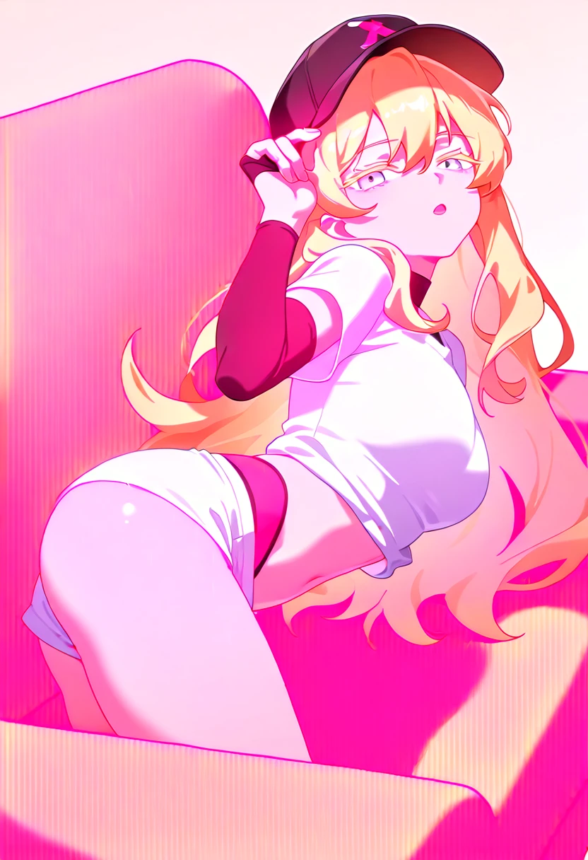 NSFW, 1 girl, star butterfly, blue eyes, blondie hair, long hair, wearing striped panty, horn hairband, lovehotel room background, pink stocking, pink garterbelt, sitting at bed