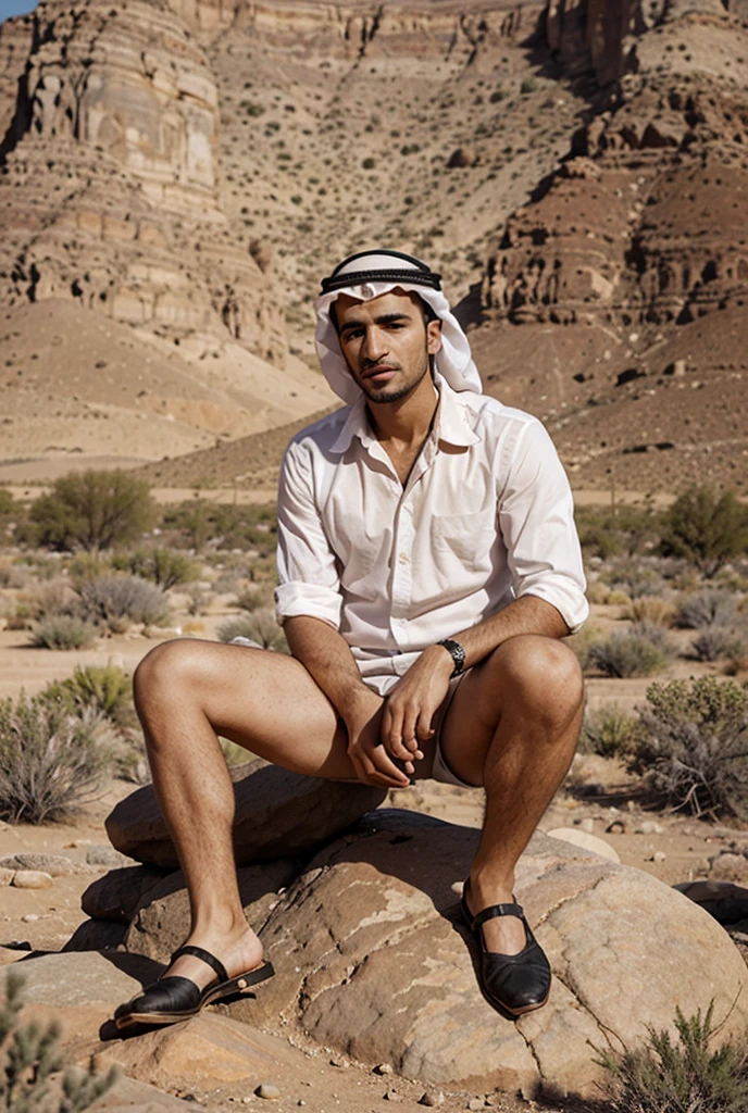 a beautiful model cyberpunk criminal young man, strong muscular man, dark hair, grey eyes, tattooed, short beard, standing in a desert oasis, bare chest, Arabic turban, white linen trousers, looking away from camera, standing next to a camel, one hand behind head