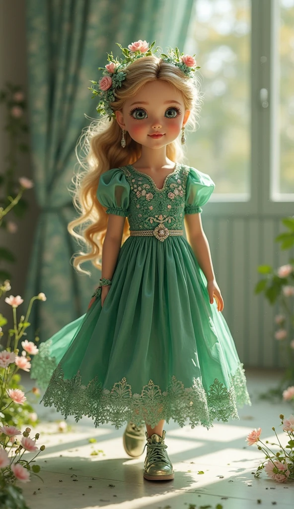 a pink dress with a full skirt and a green hem with a blue flower print