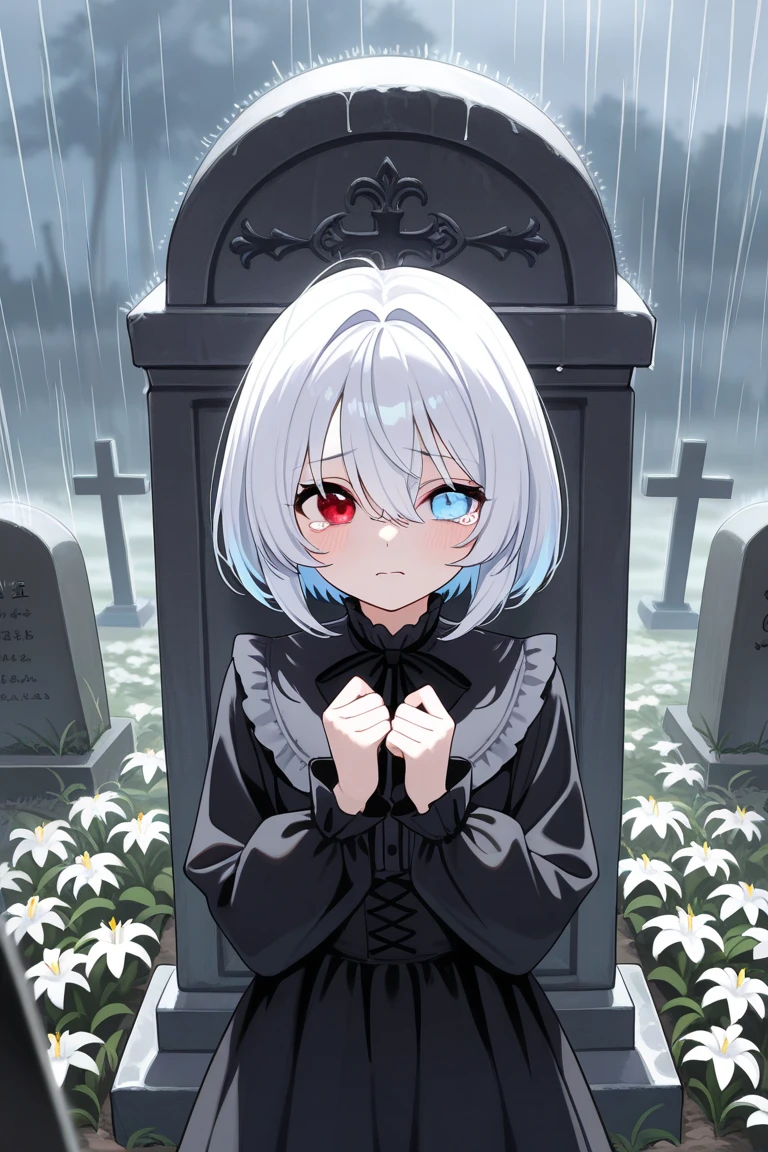 Ultra detailed, high resolution, absurd, HDR, masterpiece, anime girl, beautiful woman, long white hair with red streaks, expressive yellow eyes, red haori, black demon slayer uniform, Kimetsu No Yaiba, petals, white flowers, beautiful, woman in front of tombstones, the girl is in front of the Hashira’s tombstones, best quality, extremely detailed face and eyes