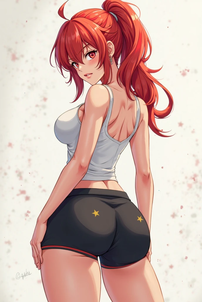 masterpiece, best quality, cowboy shot, simple background, minimalist background, 1girl, female focus, solo, Ringo Ando, green eyes, red hair, ahoge, twin drill, wristband, alternate outfit, (white shirt), (gym outfit:1.25), (buruma), (red buruma:1.25), from behind, white underwear, butt, wide hips, butt, large butt, huge ass, large behind, large rear, suggestive